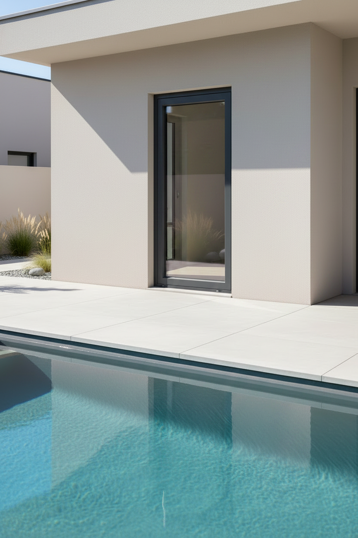 Modern house exterior with a pool in the foreground