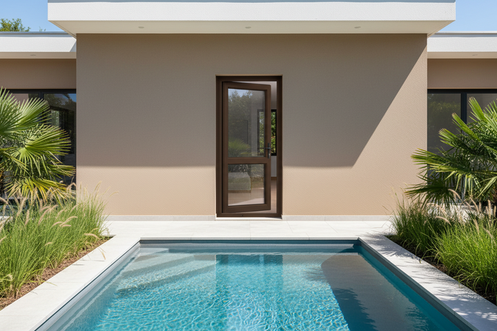 Swartland Kayo Pre-Hung Aluminium Half Glass door opening inwards with a swimming pool in the foreground