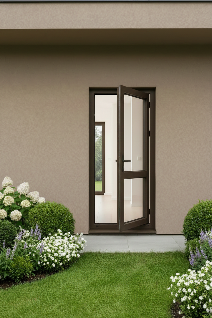Kayo Aluminium OO Half Glass Door  with glass panels on a beige wall with green grass and flowers.