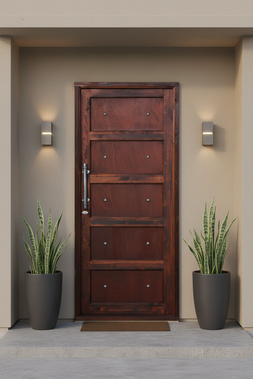 Ebony Studded Wooden door with metal handles flanked by two potted plants on a neutral wall.