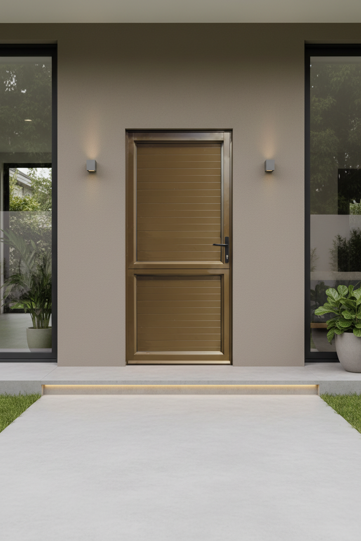 Modern aluminiumS warland Kenzo DPC Stable door of a house with a well-maintained garden and pathway.
