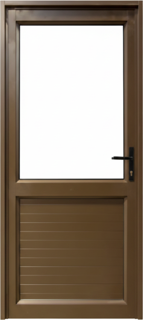 A brown aluminum security door with a black handle, featuring a top half with a large clear glass panel and a bottom half with horizontal slats, shown on a solid white background.