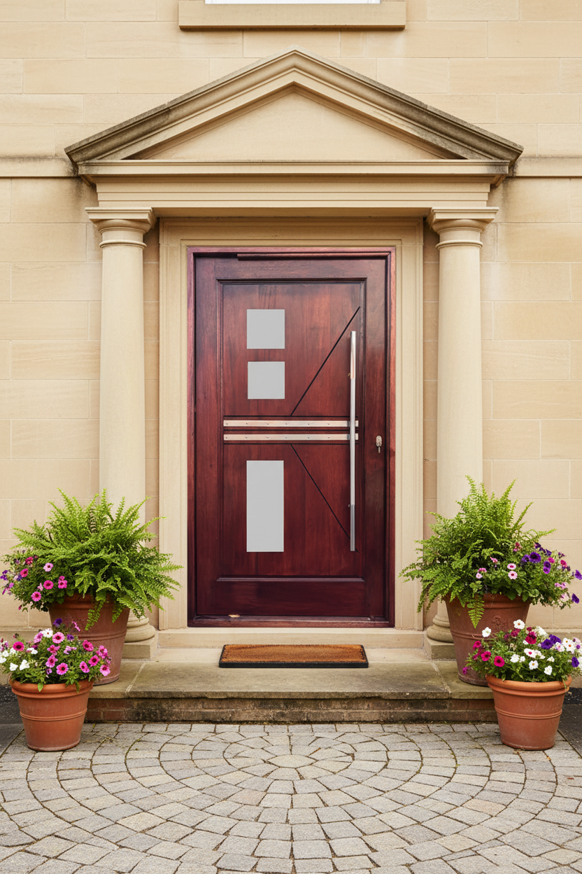 Wooden door with decorative elements on a beige building facade, surrounded by potted plants.