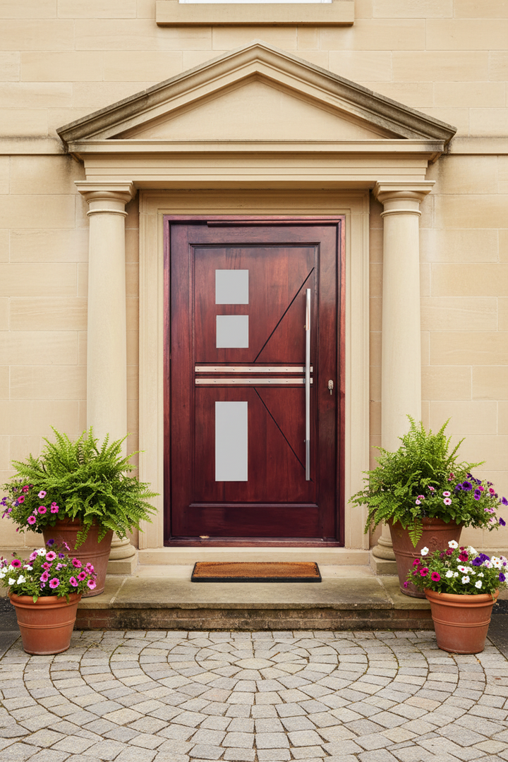 Wooden door with decorative elements on a beige building facade, surrounded by potted plants.