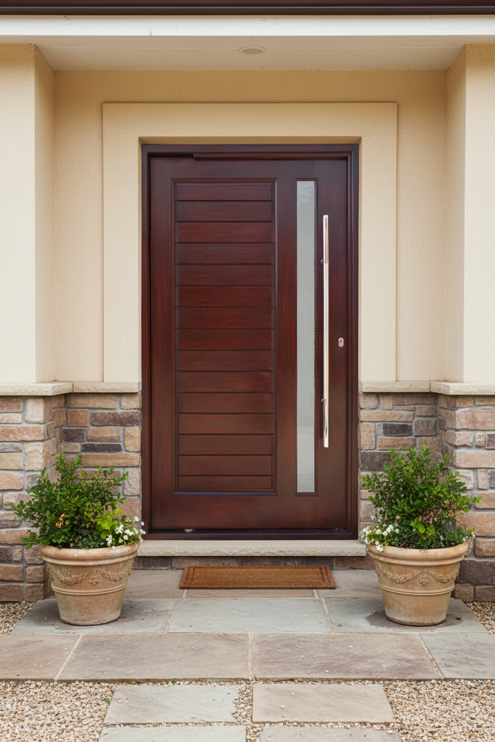 Wooden front door with stone and brick wall background