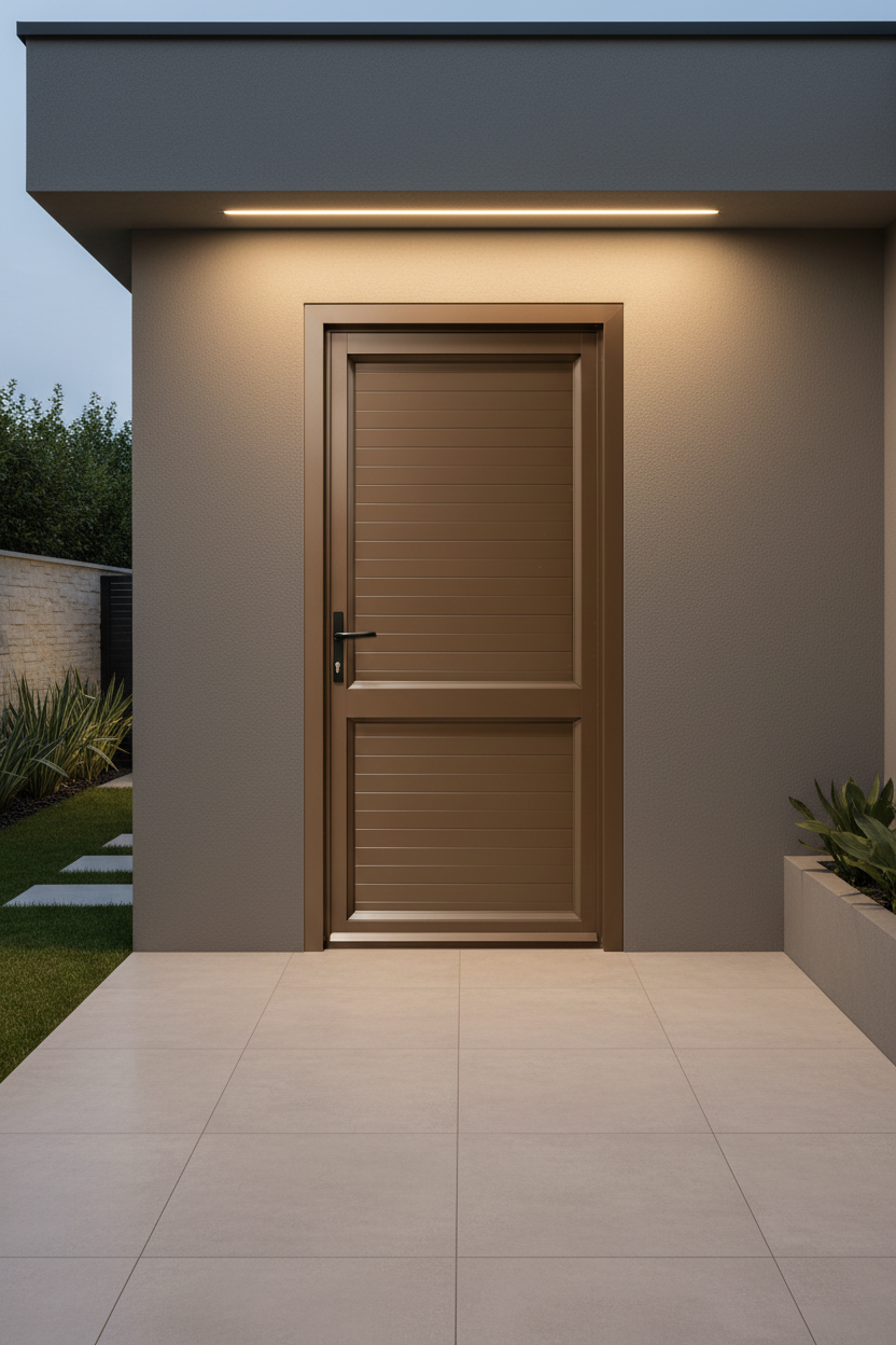 Kayo Aluminium Boarded door with horizontal slats on a building exterior