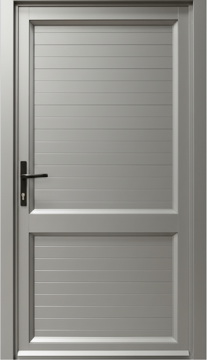 Silver kayo-aluminium-boarded-door with horizontal slats.