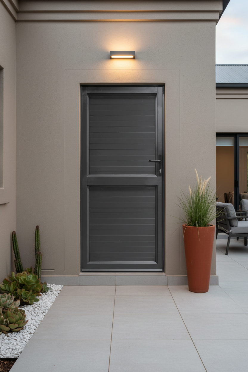 Modern gray door with outdoor lighting fixture on a building exterior.