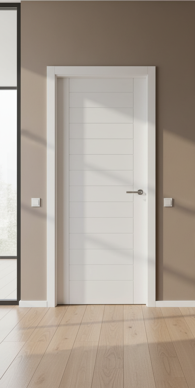 White door with a metallic handle in a room with a brown wall and wooden floor.