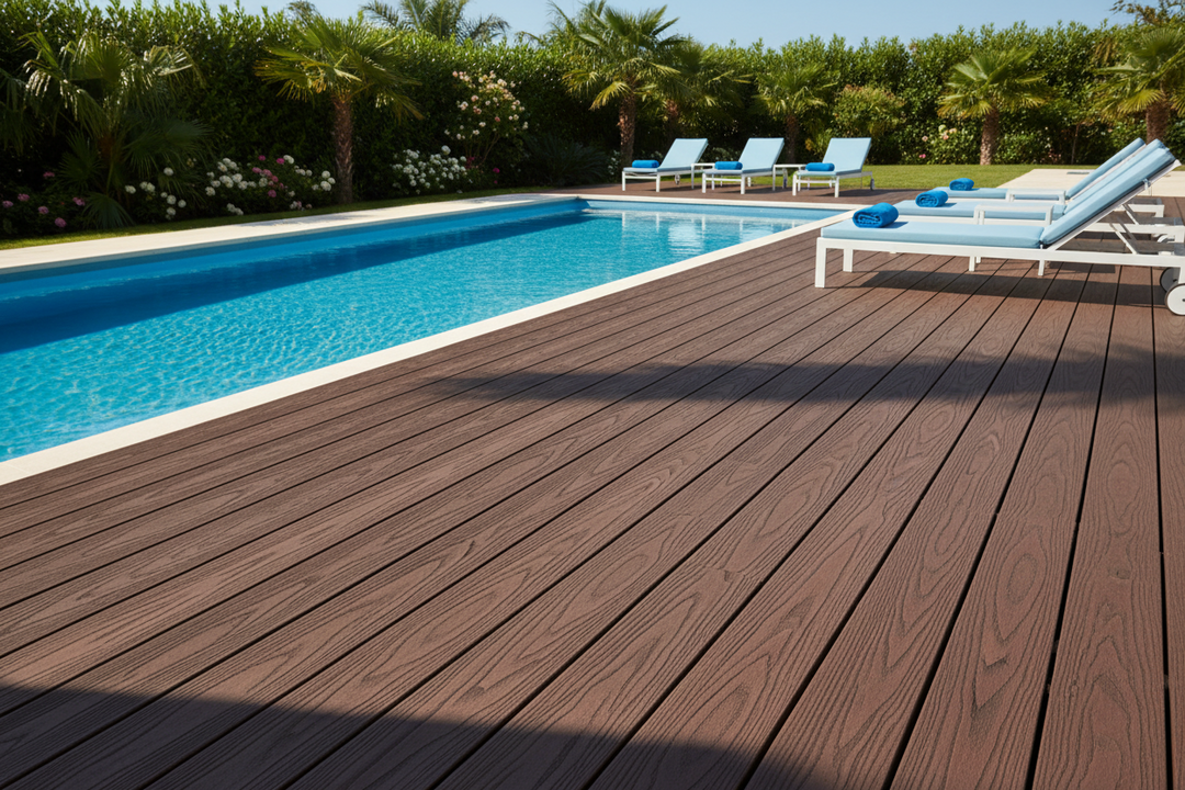 4 Everdeck® Chocolate Brown Wood Grain Composite deck by a pool with lounge chairs and umbrellas