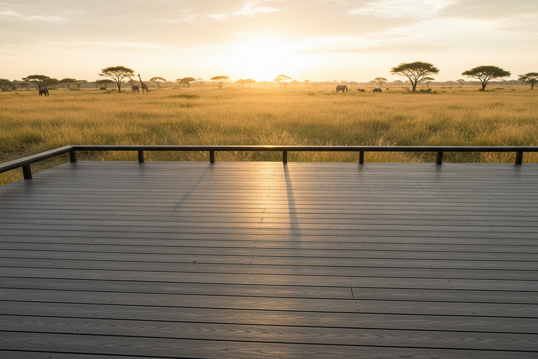 4 Everdeck® Charcoal Grey Wood Grain Composite deck overlooking a grassy field with trees and animals at sunset.