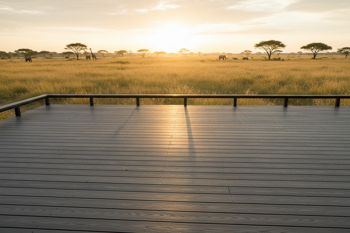 4 Everdeck® Charcoal Grey Wood Grain Composite deck overlooking a grassy field with trees and animals at sunset.
