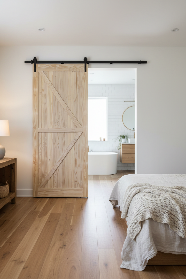 Diagonal Cross Brace Barn Door 1070 X 2100 in a bedroom with a view into a bathroom.
