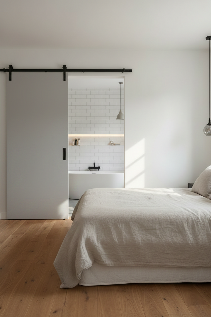 Modern bedroom with a Flush Panel Barn door leading to a bathroom.