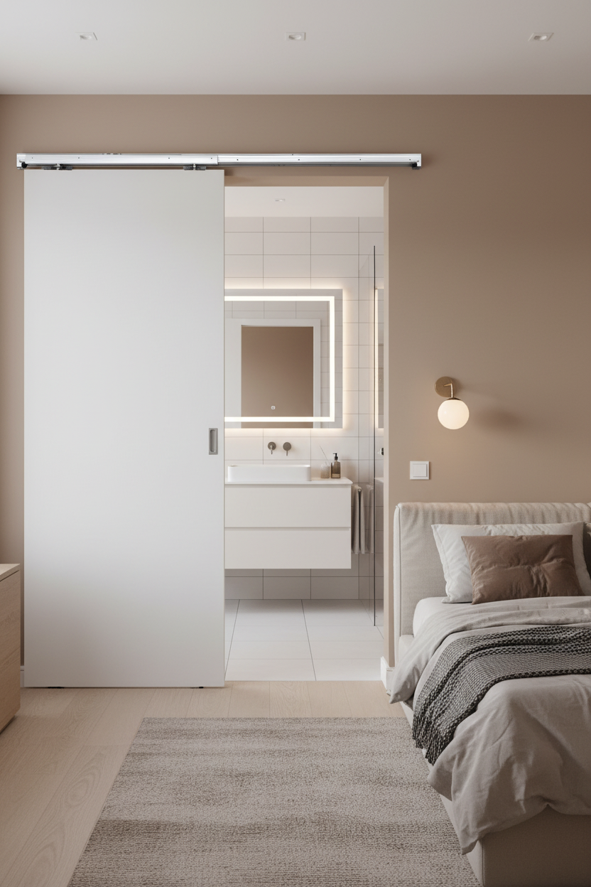 Modern bedroom with sliding MDF door leading to bathroom