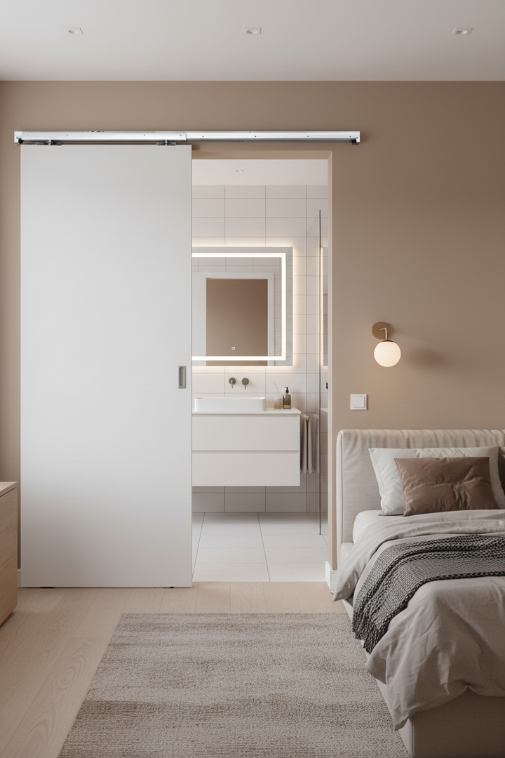 Modern bedroom with sliding MDF door leading to bathroom