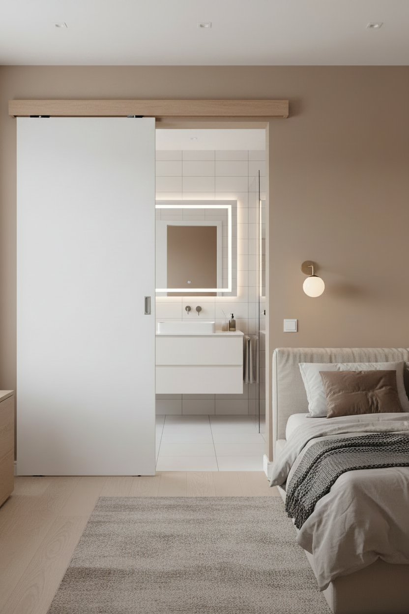 Modern bedroom with MDF sliding door leading to a bathroom.