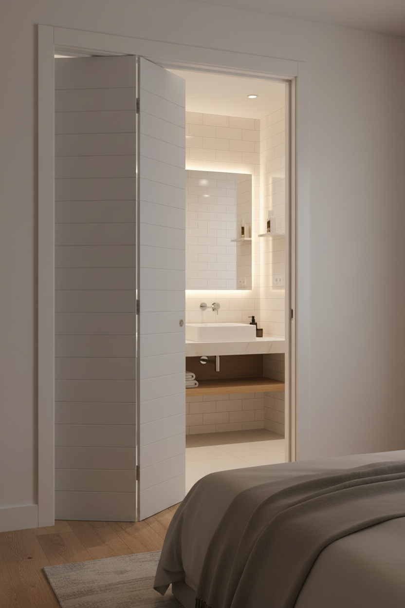 Bathroom with open Economy MDF Hollow Core Grooved Bi-Fold Doors revealing a sink and mirror, with a bed in the foreground.