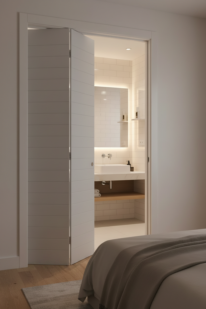Bathroom with open Economy MDF Hollow Core Grooved Bi-Fold Doors revealing a sink and mirror, with a bed in the foreground.