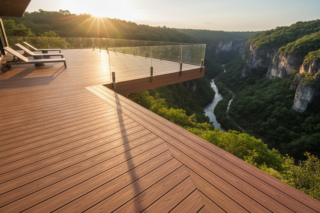 4 Everdeck® Cedar Wood Grain Composite deck with a stunning view of a canyon and river at sunset.
