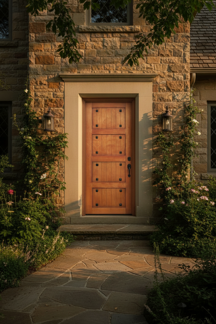 Gothic Studded Wooden door on a stone building with garden surroundings
