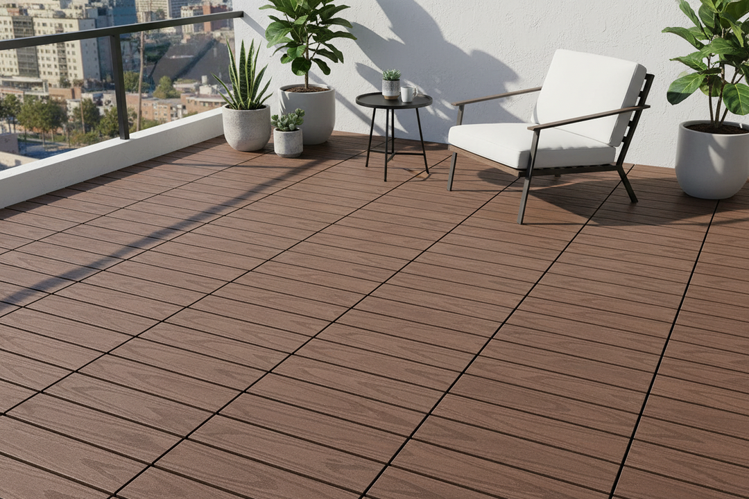 Redwood DIY Decking Tiles with patio furniture and plants on a sunny day