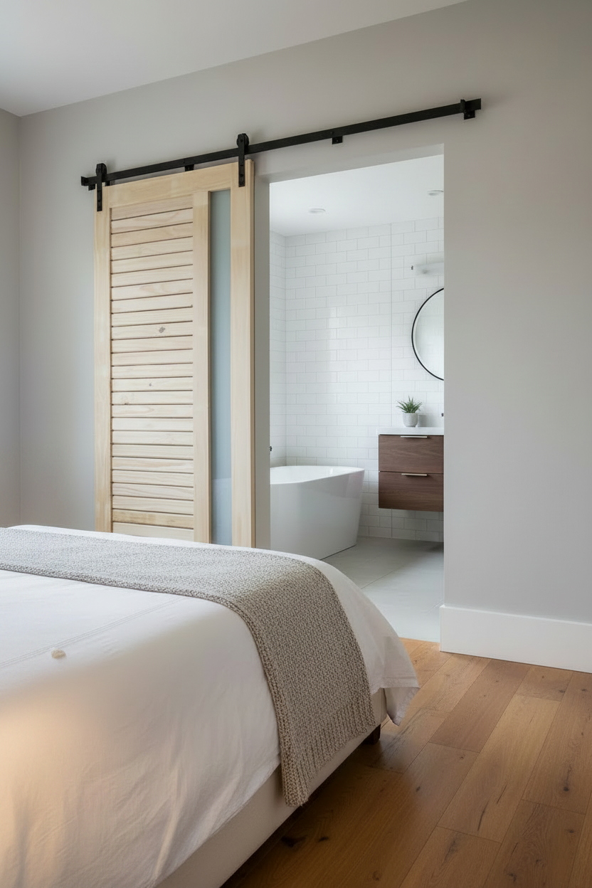 A modern bedroom interior featuring a light natural wood sliding barn door with a black metal track, set in a room with light gray walls and hardwood floors. An open doorway reveals a bright white-tiled bathroom with a bathtub and wooden vanity.