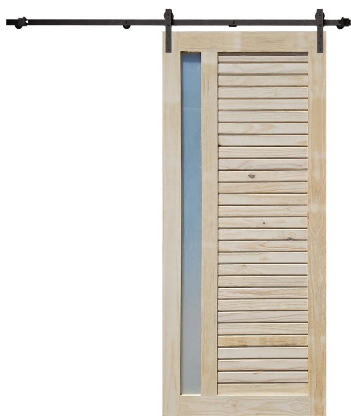 Translucent Glass &amp; Slatted Pine Barn Door with Steel Hardware Kit