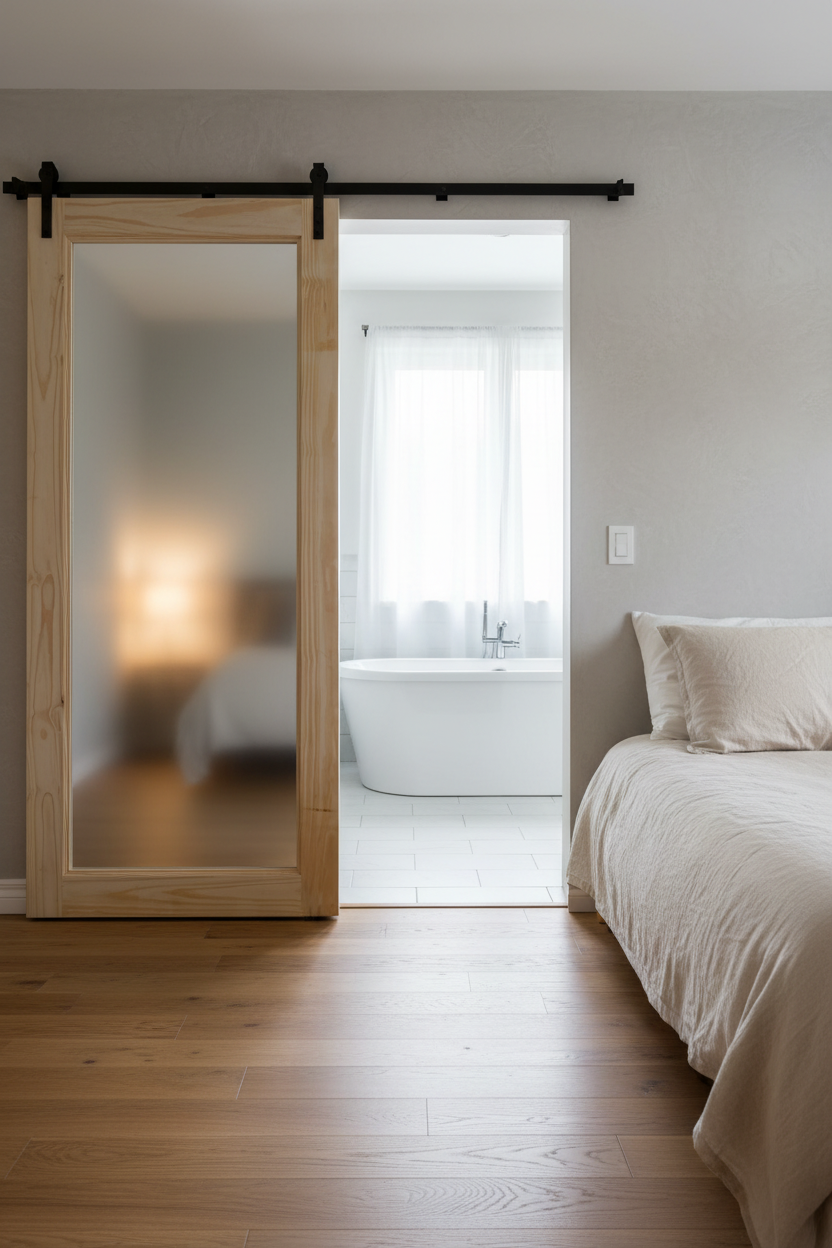 Bathroom with mirror barn sliding door and bed in the foreground