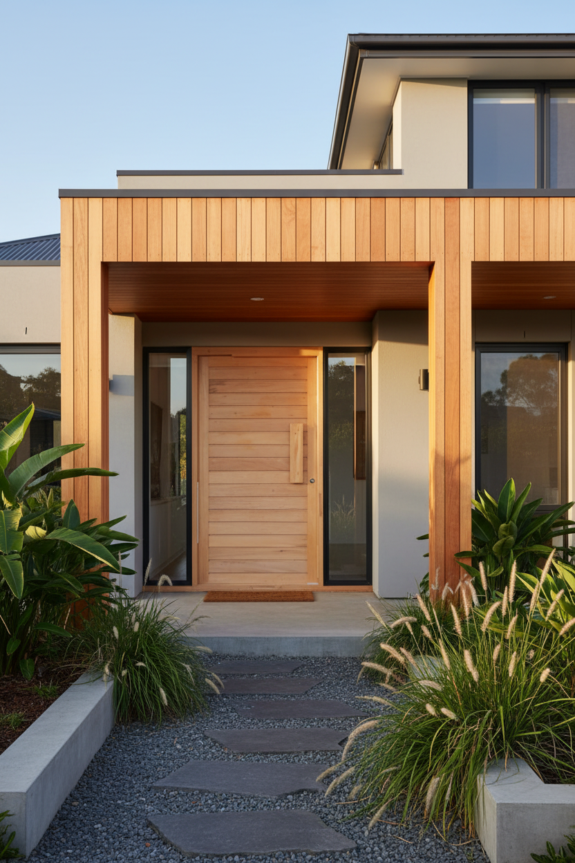 Modern house entrance with wooden door and surrounding plants