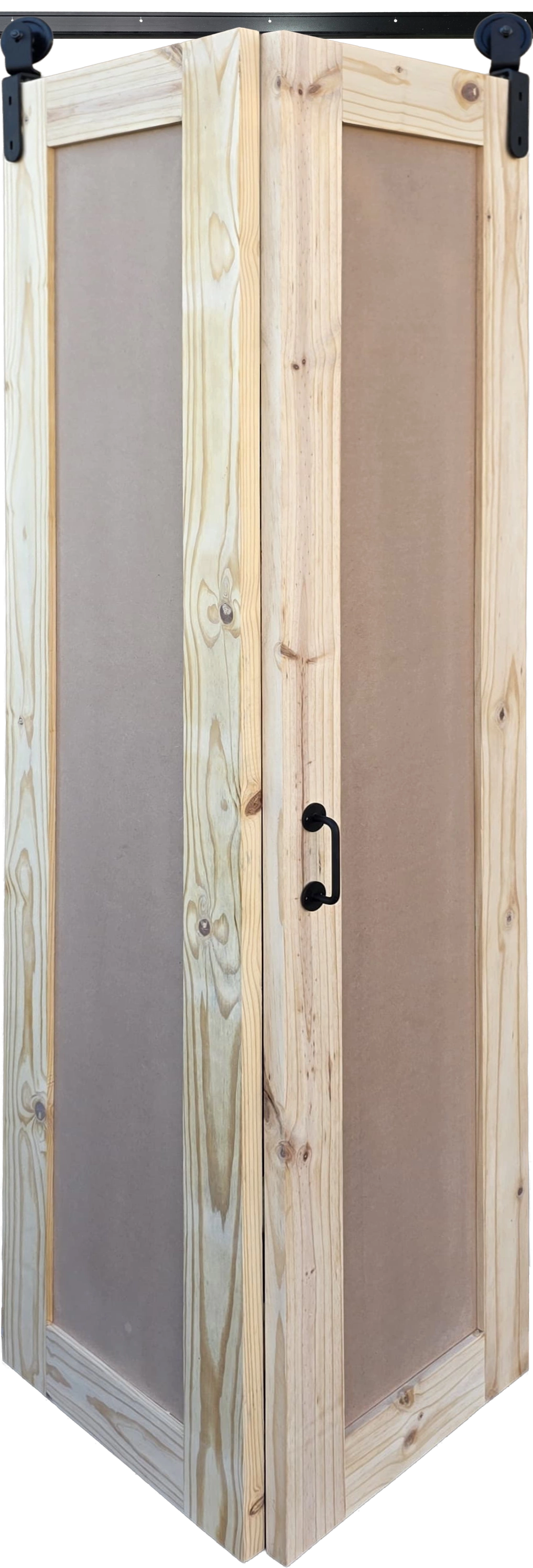 Unfinished 1-Panel Shaker Bifold Door in natural raw pine wood