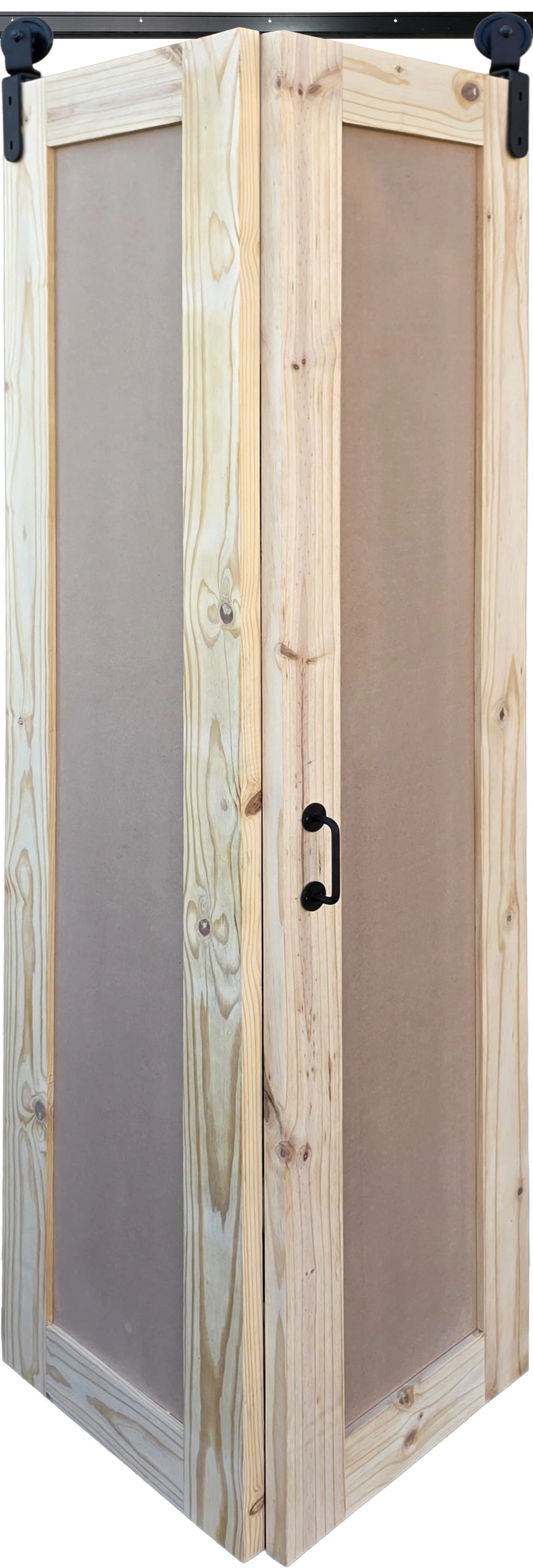Unfinished 1-Panel Shaker Bifold Door in natural raw pine wood