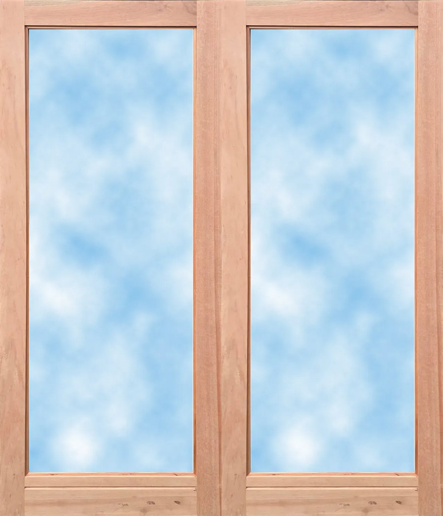 Pair Wooden full glass doors with reflection of a blue sky and white clouds