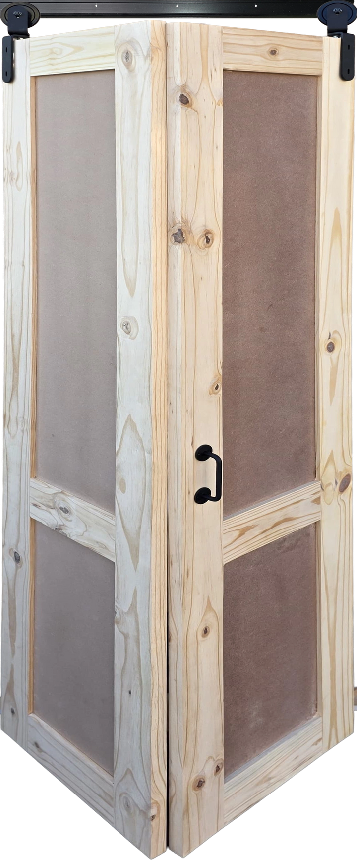 Unfinished 2-Panel Shaker Bifold Door in natural raw pine wood.