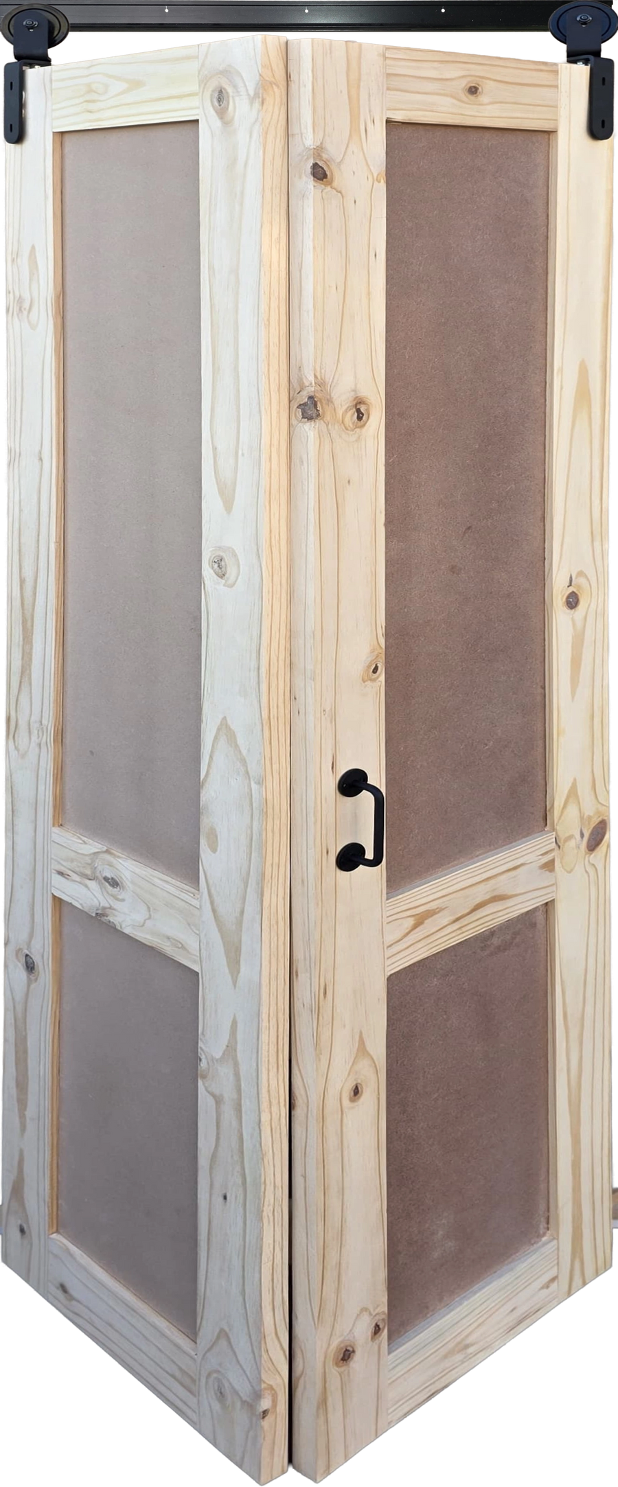 Unfinished 2-Panel Shaker Bifold Door in natural raw pine wood.