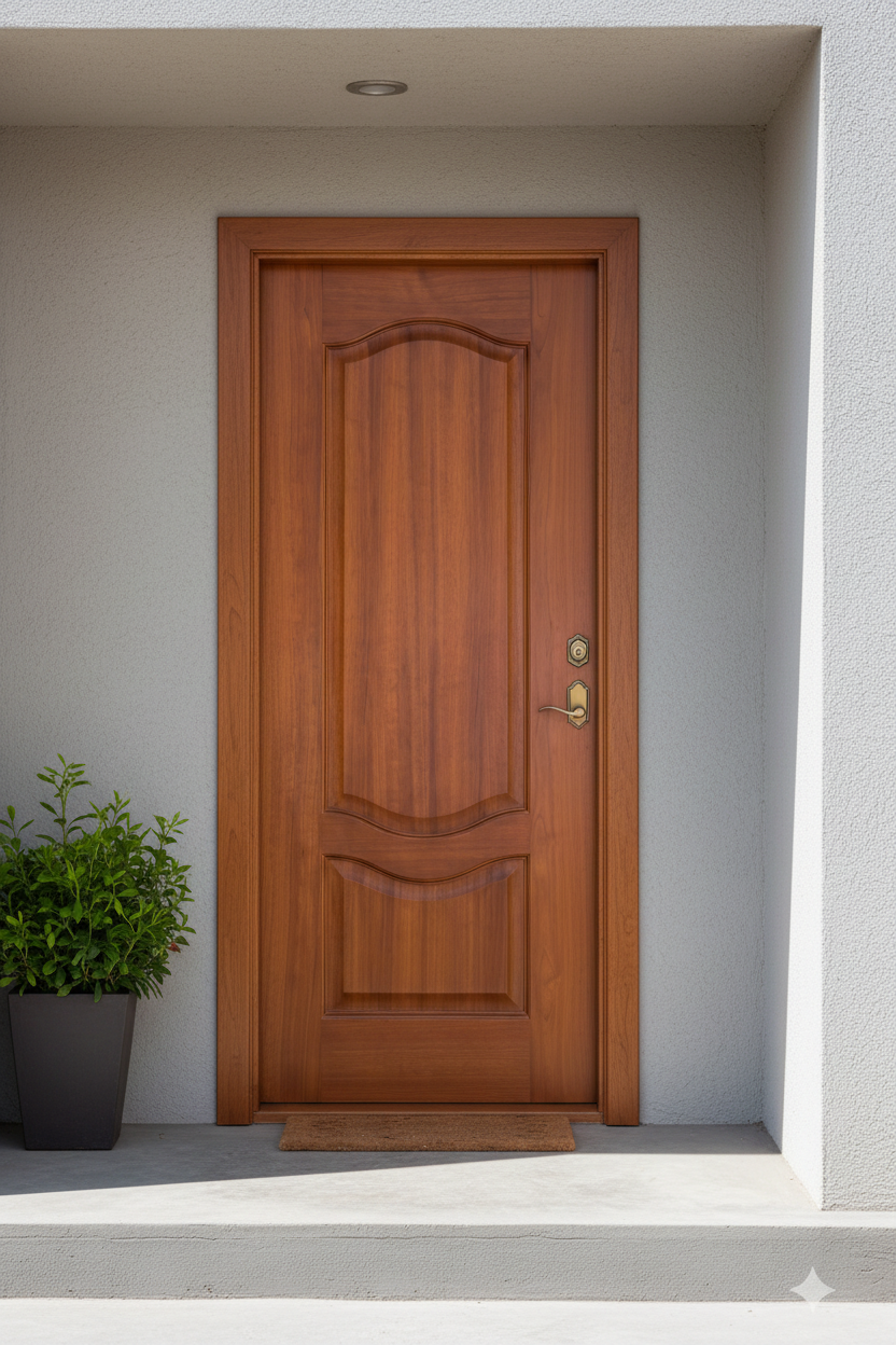 Wooden door with a doormat on a gray step, potted plant to the left.