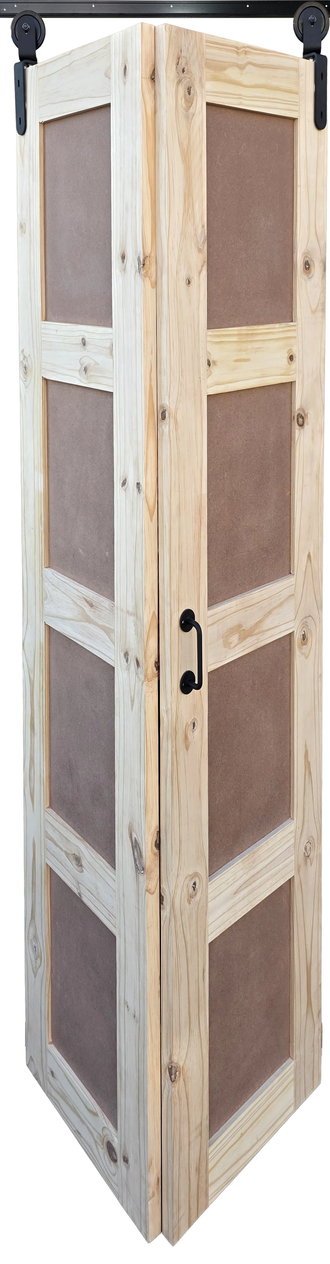Modern 4-panel shaker style bifold door made of raw pine, ready for customization