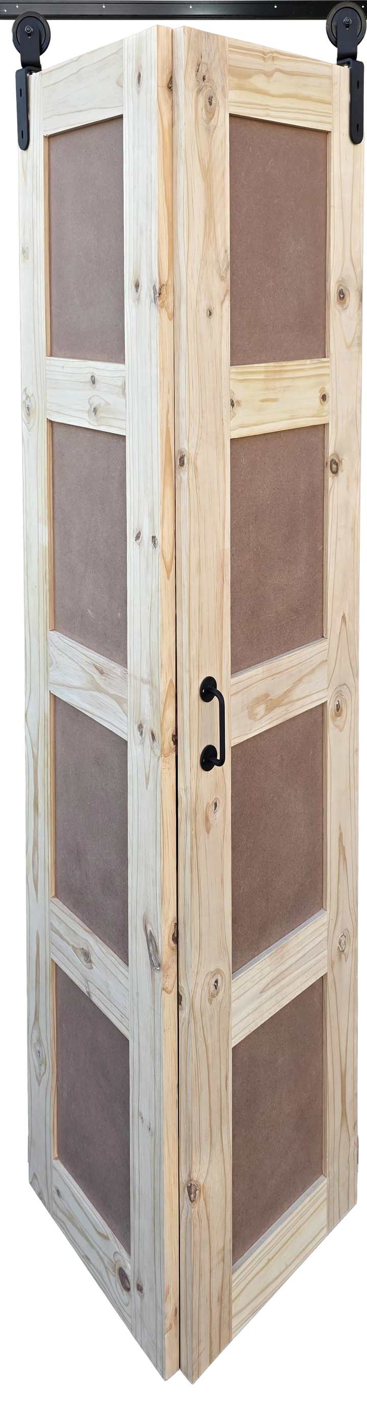 Modern 4-panel shaker style bifold door made of raw pine, ready for customization