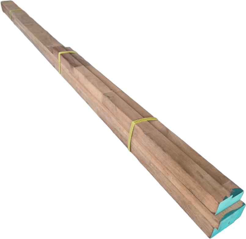 Bundle of three unassembled finger-jointed hardwood door frame sections showing the timber profile and green factory-sealed ends.