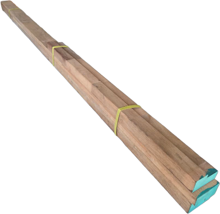 Bundle of three unassembled finger-jointed hardwood door frame sections showing the timber profile and green factory-sealed ends.