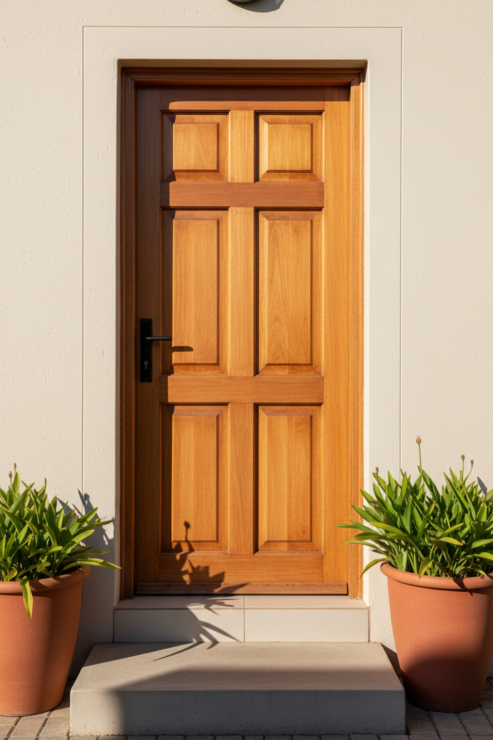 A warm medium-brown 6 Panel Townhouse wooden front door with a six-panel design, set in a white stucco entryway with concrete steps and potted green plants on either side.