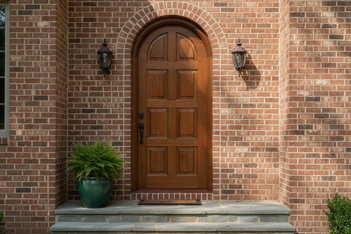 Wooden door on a brick wall with a potted plant in front
