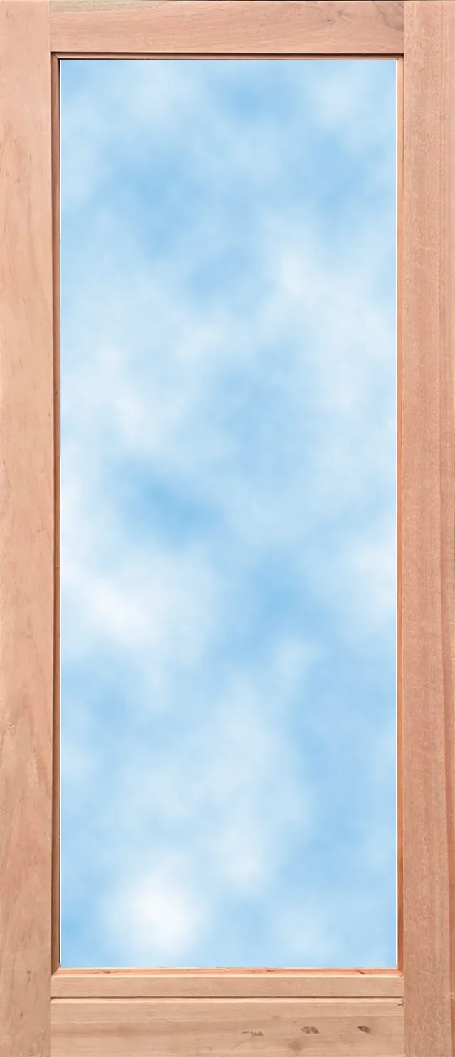 Wooden door with a reflection of blue sky and clouds on the glass