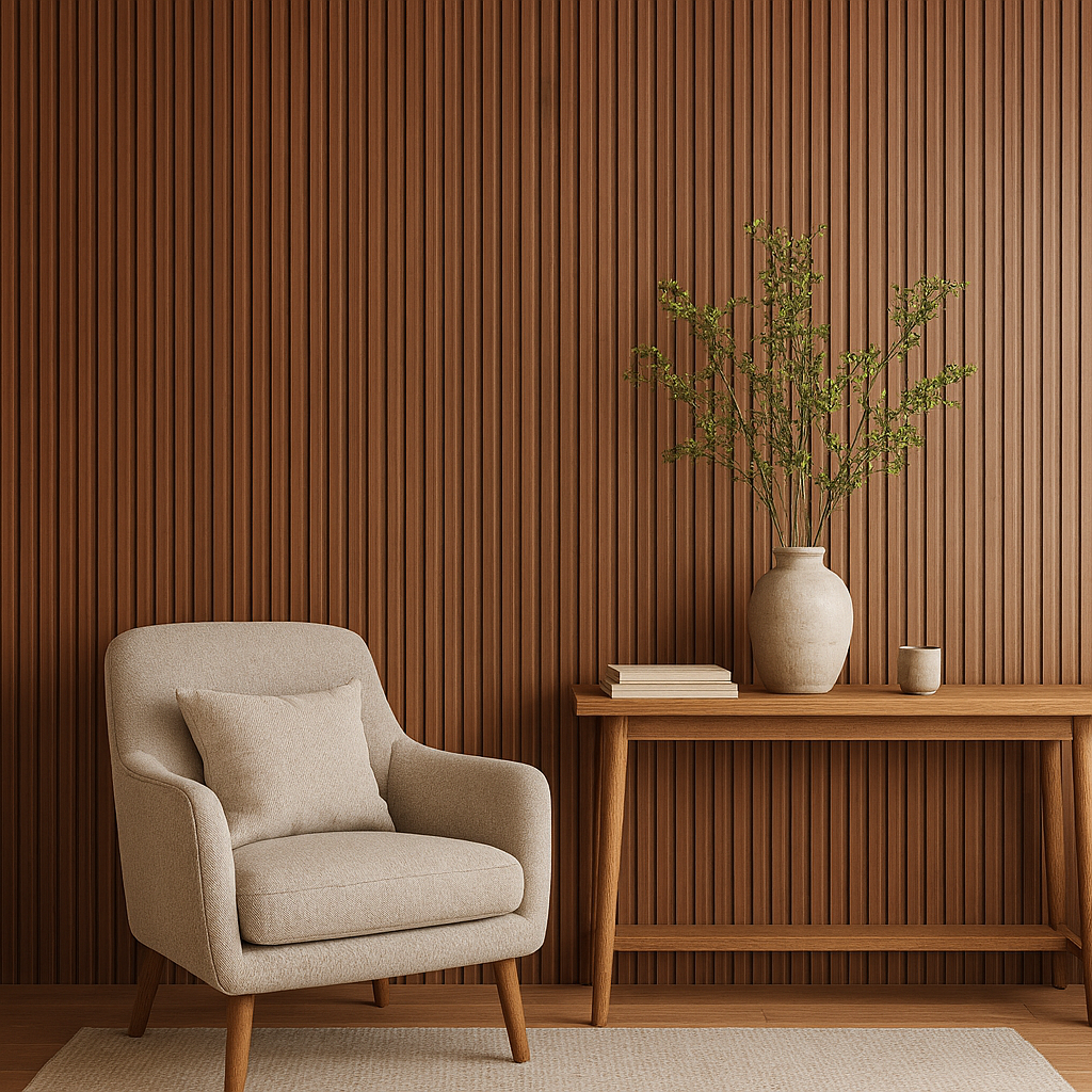 Brown fluted wall cladding installed in a modern living room with neutral furniture and wooden accents.