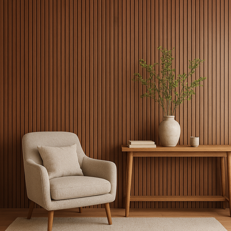 Brown fluted wall cladding installed in a modern living room with neutral furniture and wooden accents.