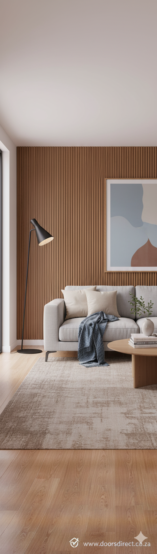 Brown fluted wall cladding installed in a modern living room with beige furniture and a lamp