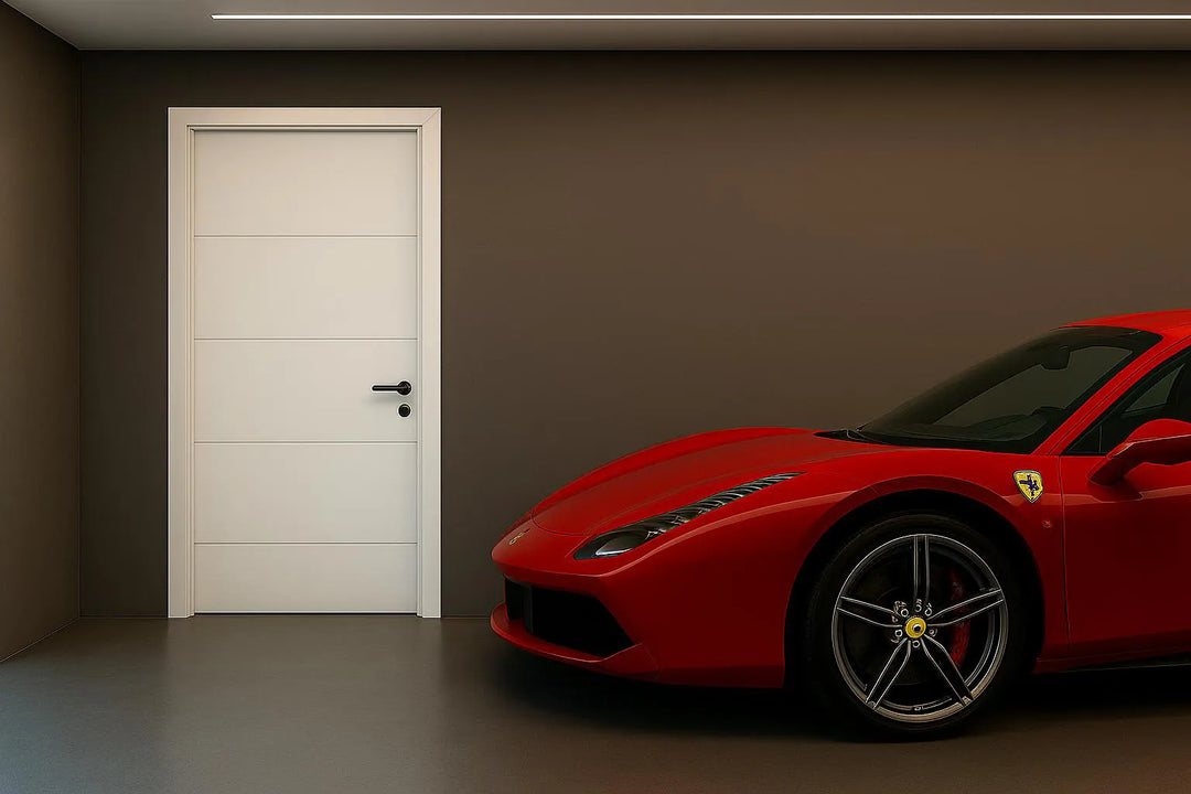 Red sports car parked in a garage with a white Adelphi grooved door.