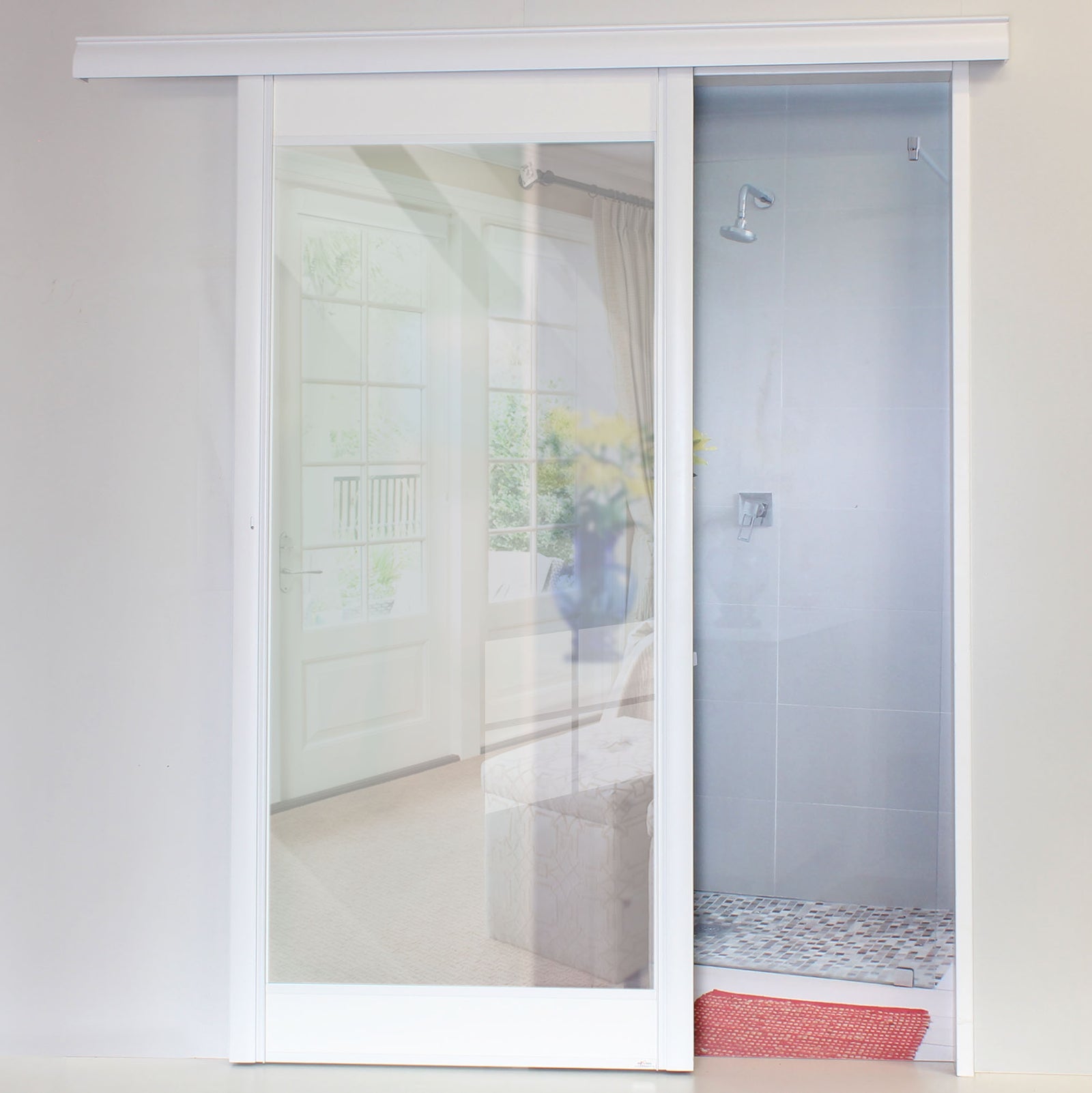 Alpha Sliding Door with frosted glass panels and white frame