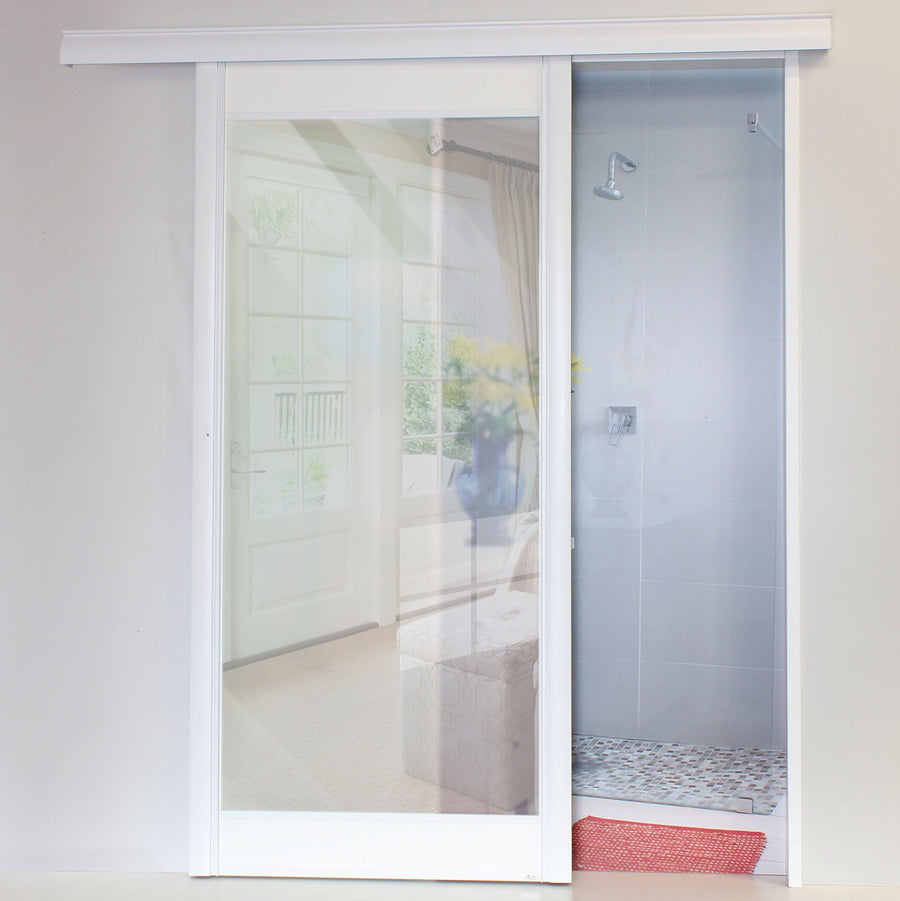 Alpha Sliding Door with frosted glass panels and white frame