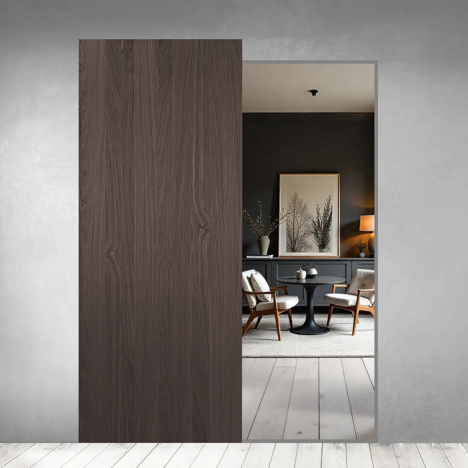 Ghost Sliding Door in American Walnut melamine with concealed sliding system, open position showing interior room
